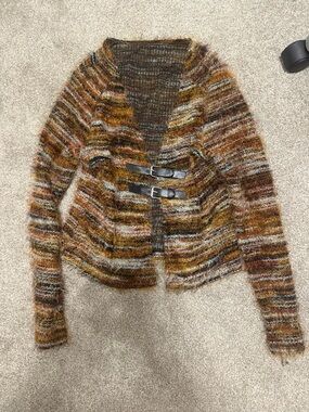 Fuzzy Striped Buckle Cardigan Sweater - Multi Brown